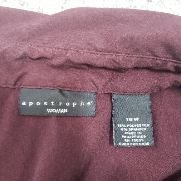 Apostrophe Button Shirt Women’s 18W Plus Burgundy ¾ Sleeves Stretch Top /A163 - Picture 4 of 5